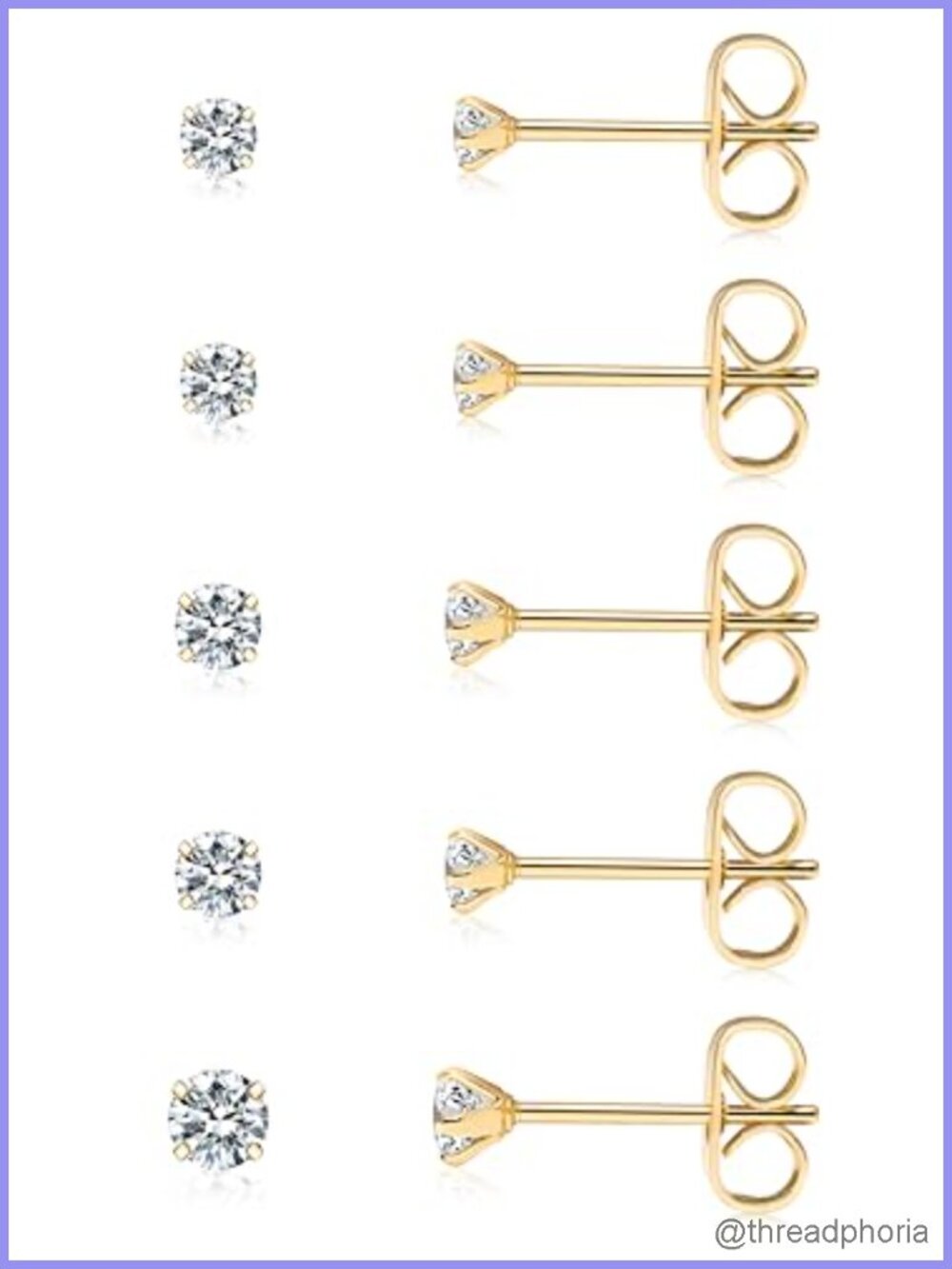 14K Gold Plated Cubic Zirconia Stud Earrings Set Hypoallergenic Surgical Steel